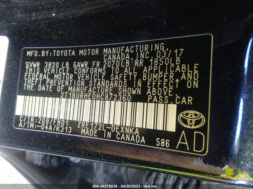 2017 TOYOTA COROLLA L/LE/XLE/SE - 2T1BURHE0HC872360