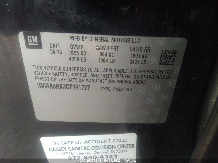 2016 CADILLAC ATS SEDAN STANDARD RWD - 1G6AA5RA3G0191727