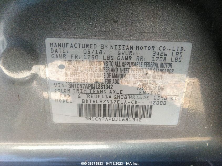 2018 NISSAN VERSA SEDAN SV - 3N1CN7AP0JL881342