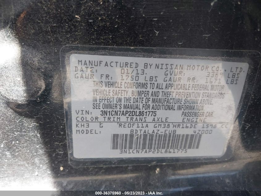 2013 NISSAN VERSA S PLUS 3N1CN7AP2DL861775