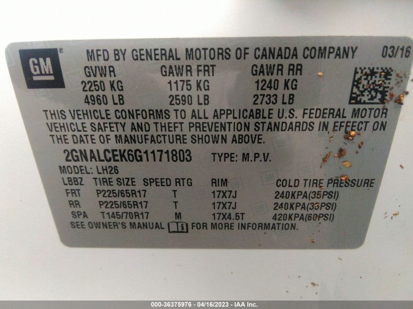 2016 CHEVROLET EQUINOX LT - 2GNALCEK6G1171803