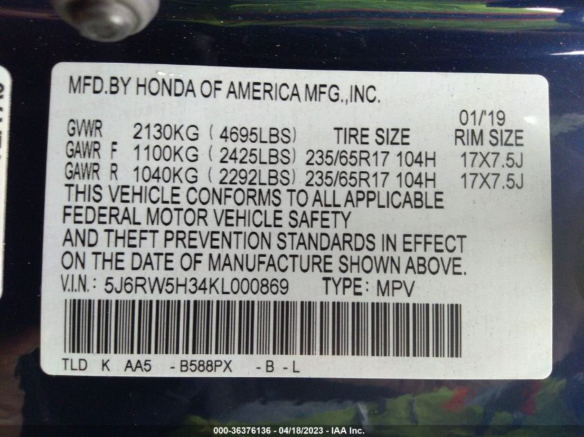 2019 HONDA CR-V LX - 5J6RW5H34KL000869