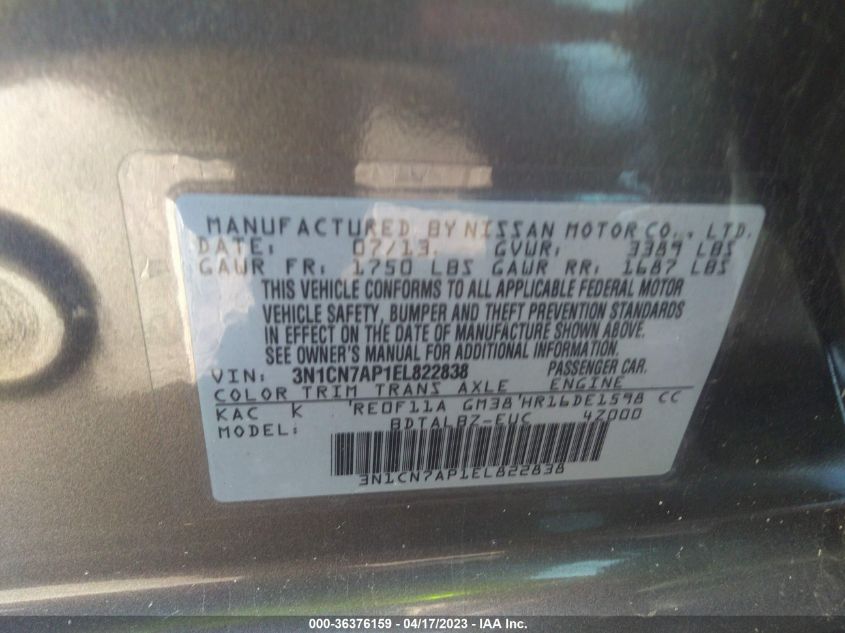2014 NISSAN VERSA SV - 3N1CN7AP1EL822838