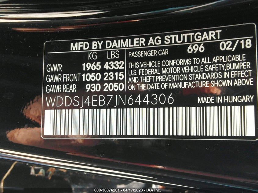VIN WDDSJ4EB7JN644306 2018 MERCEDES-BENZ CLA CLA 250