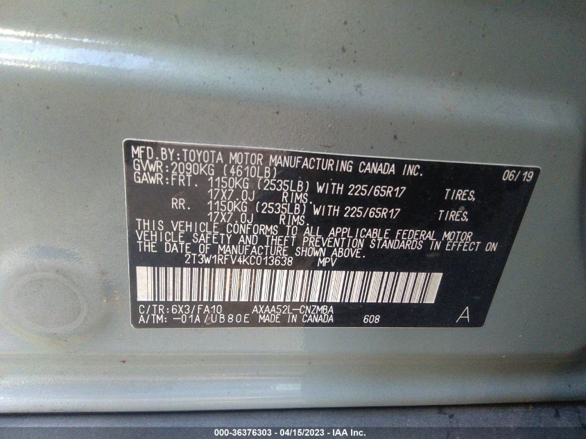 2019 TOYOTA RAV4 XLE - 2T3W1RFV4KC013638