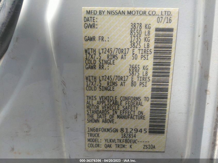 2016 NISSAN NV SV 1N6BF0KM5GN812945