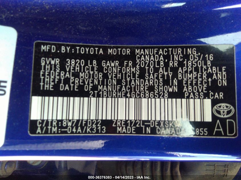 2016 TOYOTA COROLLA L/LE/S/S PLUS/LE PLUS - 2T1BURHE4GC686528