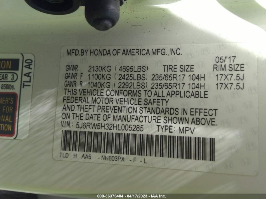 2017 HONDA CR-V LX - 5J6RW5H32HL005285