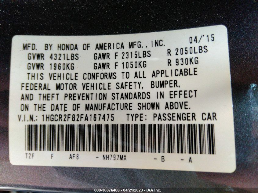 2015 HONDA ACCORD SEDAN EX-L - 1HGCR2F82FA167475