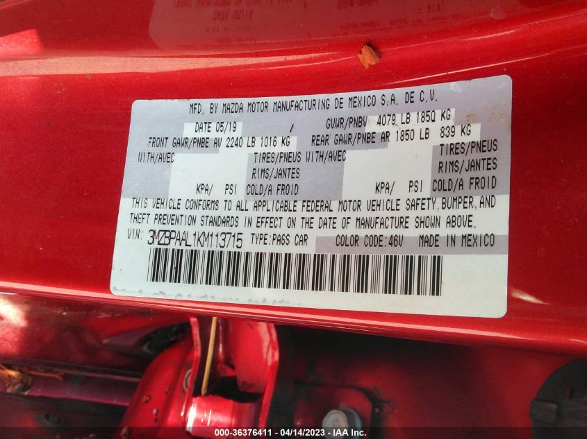 2019 MAZDA MAZDA3 SEDAN W/SELECT PKG 3MZBPAAL1KM113715