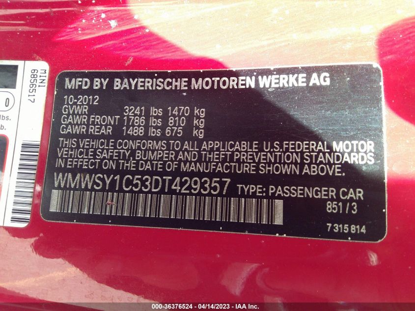 2013 MINI COOPER ROADSTER WMWSY1C53DT429357