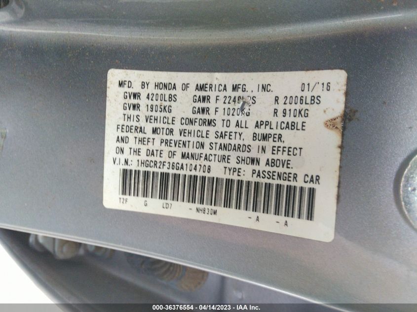 2016 HONDA ACCORD SEDAN LX - 1HGCR2F36GA104708