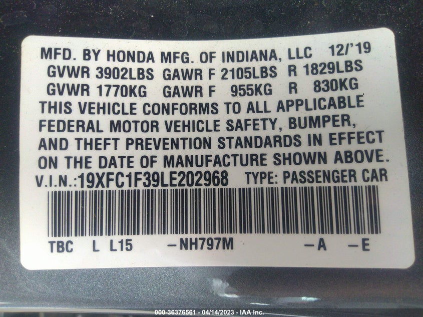 VIN 19XFC1F39LE202968 2020 HONDA CIVIC SEDAN EX