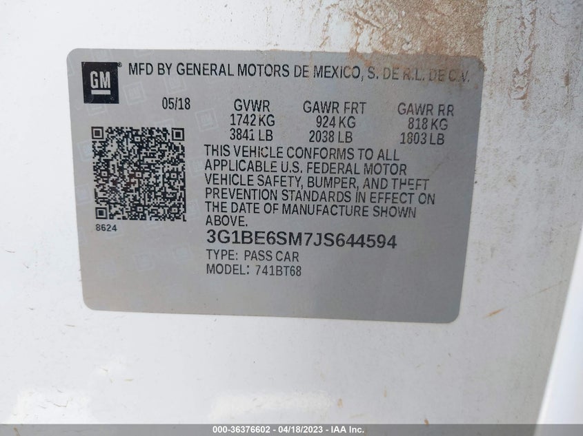 VIN 3G1BE6SM7JS644594 2018 CHEVROLET CRUZE LT