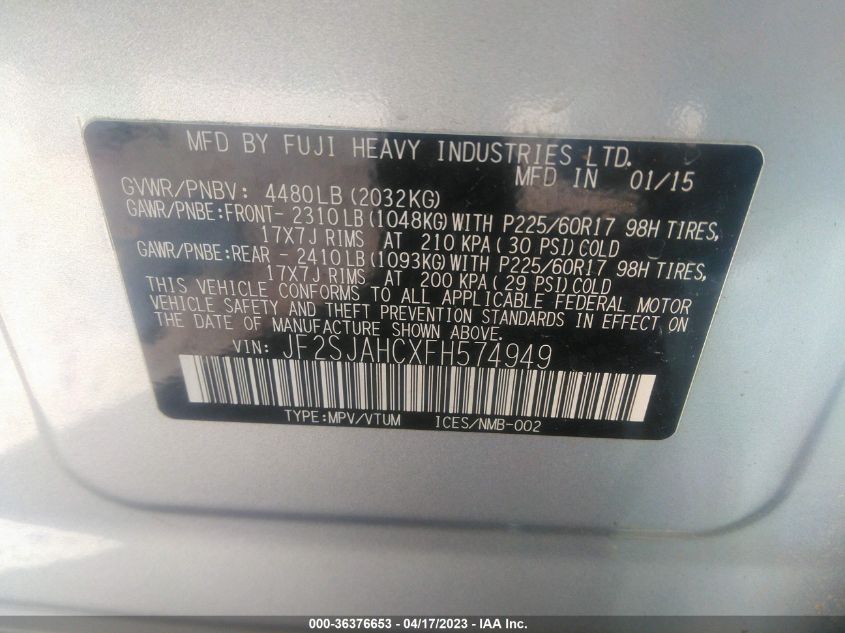 2015 SUBARU FORESTER 2.5I LIMITED - JF2SJAHCXFH574949