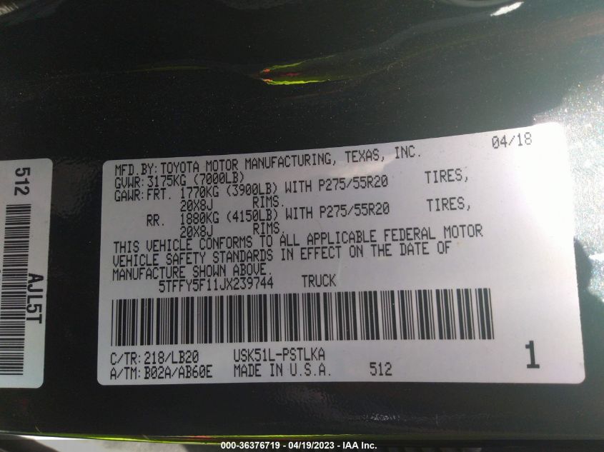 2018 TOYOTA TUNDRA 2WD SR5/LIMITED/PLATINUM 5TFFY5F11JX239744