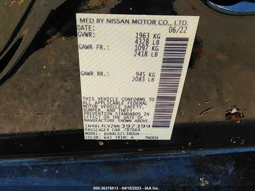2022 NISSAN ALTIMA 2.5 SR - 1N4BL4CV2NN397399
