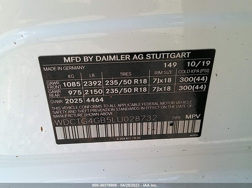 VIN WDCTG4GB5LU028732 2020 MERCEDES-BENZ GLA GLA 250