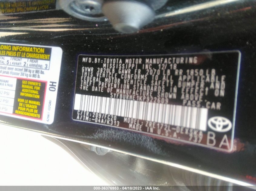 2019 TOYOTA COROLLA L/LE/SE/XLE/XSE - 5YFBURHE1KP922609