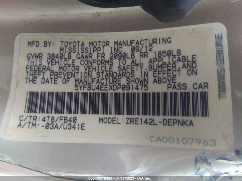 2013 TOYOTA COROLLA L/LE/S - 5YFBU4EEXDP091475