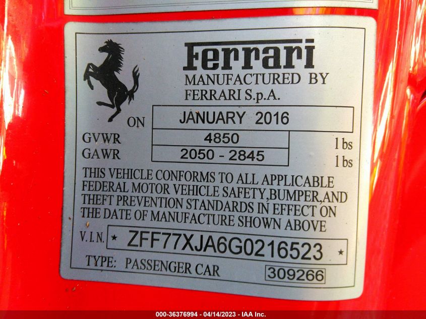 2016 FERRARI CALIFORNIA ZFF77XJA6G0216523