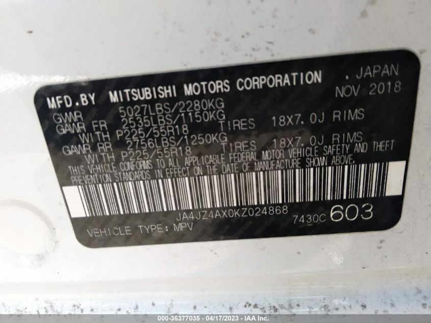 2019 MITSUBISHI OUTLANDER GT - JA4JZ4AX0KZ024868