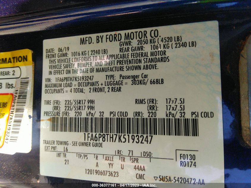 2019 FORD MUSTANG ECOBOOST - 1FA6P8TH7K5193247