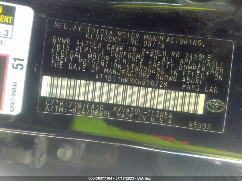 2019 TOYOTA CAMRY LE/SE/XLE/L - 4T1B11HK3KU850228