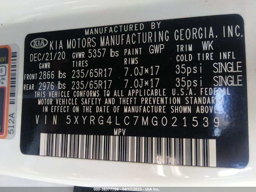 2021 KIA SORENTO LX - 5XYRG4LC7MG021539