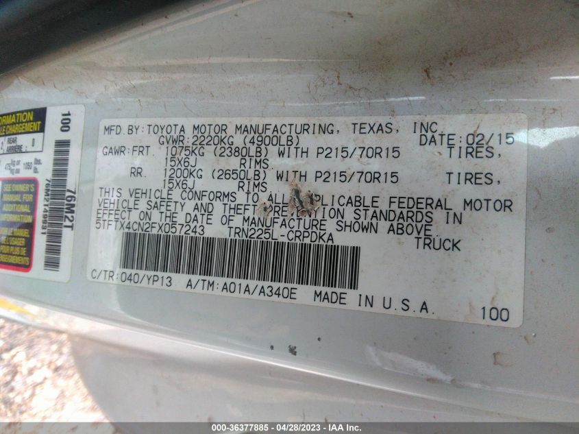 2015 TOYOTA TACOMA - 5TFTX4CN2FX057243