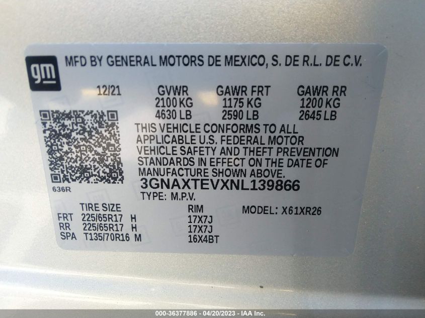 2022 CHEVROLET EQUINOX LT - 3GNAXTEVXNL139866