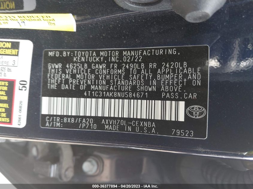 2022 TOYOTA CAMRY HYBRID LE - 4T1C31AK8NU584671