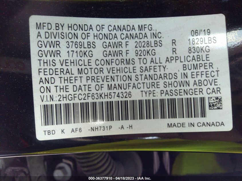 2019 HONDA CIVIC SEDAN LX - 2HGFC2F63KH574326