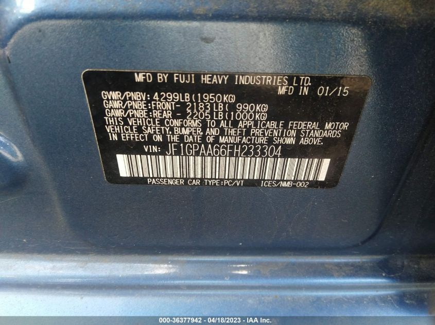 2015 SUBARU IMPREZA WAGON 2.0I - JF1GPAA66FH233304