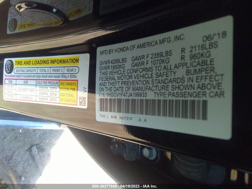 VIN 1HGCV1F47JA199933 2018 HONDA ACCORD SEDAN EX 1.5T