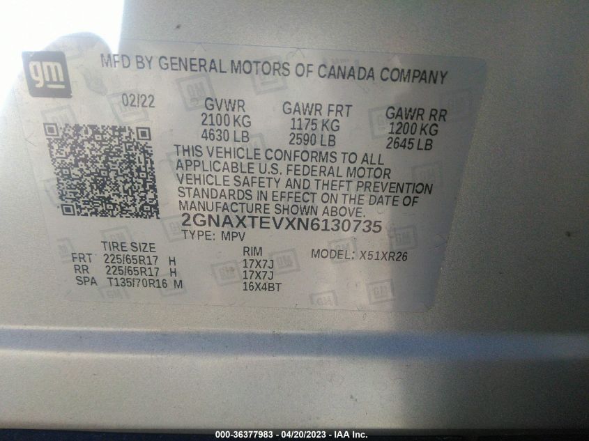 2022 CHEVROLET EQUINOX LT - 2GNAXTEVXN6130735