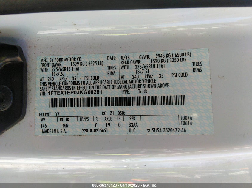 VIN 1FTEX1EP0JKG08281 2018 FORD F-150 XL/XLT/LARIAT