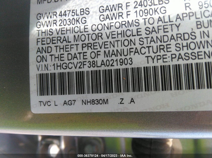 VIN 1HGCV2F38LA021903 2020 HONDA ACCORD SEDAN SPORT
