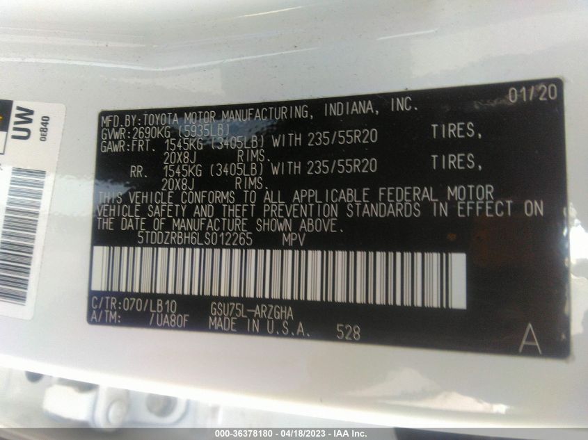 2020 TOYOTA HIGHLANDER LIMITED - 5TDDZRBH6LS012265