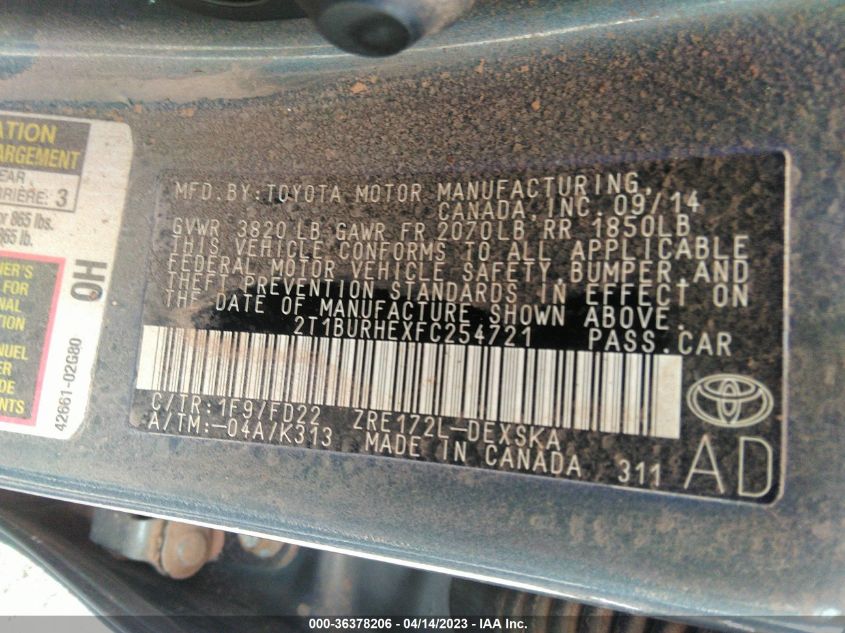 2015 TOYOTA COROLLA S - 2T1BURHEXFC254721