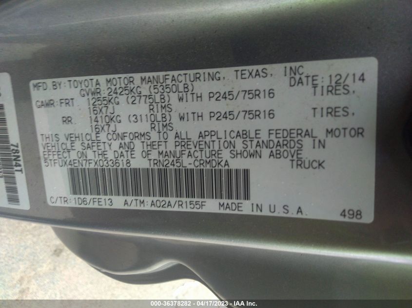 2015 TOYOTA TACOMA - 5TFUX4EN7FX033618