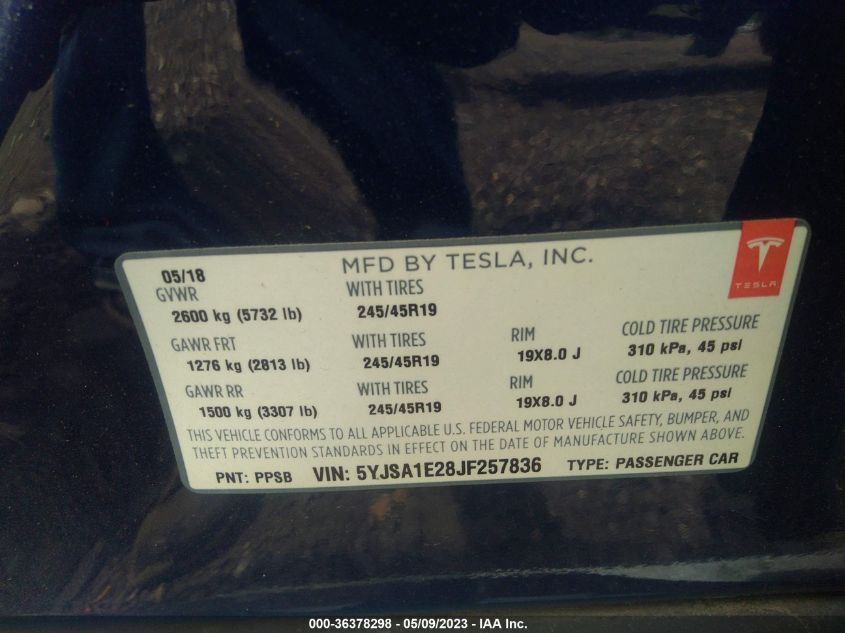 2018 TESLA MODEL S 75D/100D/P100D - 5YJSA1E28JF257836