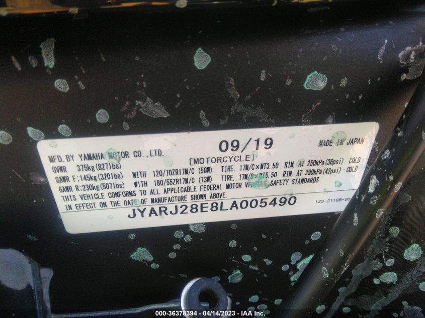 2020 YAMAHA YZFR6 JYARJ28E8LA005490