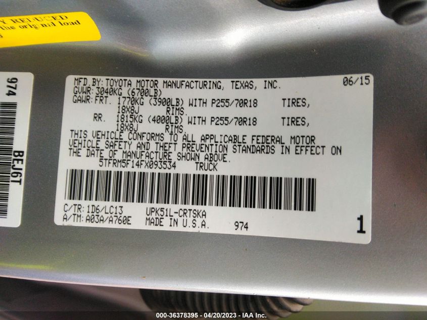 2015 TOYOTA TUNDRA 2WD TRUCK SR5 - 5TFRM5F14FX093534