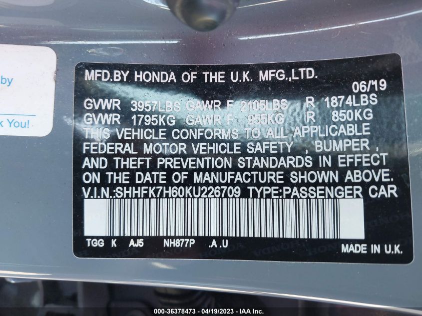 2019 HONDA CIVIC HATCHBACK EX - SHHFK7H60KU226709