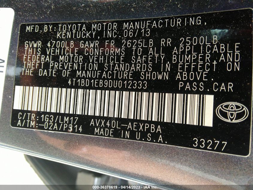 2013 TOYOTA AVALON HYBRID LIMITED 4T1BD1EB9DU012333