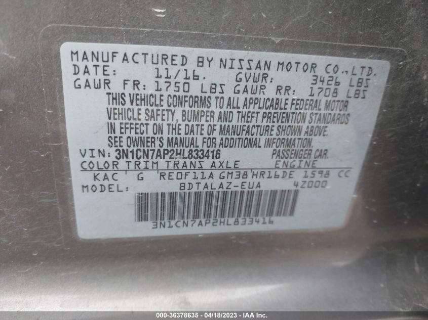 2017 NISSAN VERSA SEDAN S PLUS - 3N1CN7AP2HL833416