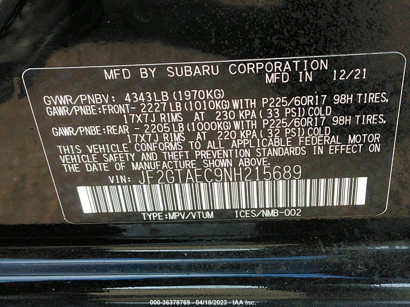 VIN JF2GTAEC9NH215689 2022 SUBARU CROSSTREK PREMIUM