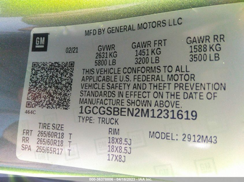 2021 CHEVROLET COLORADO 2WD WORK TRUCK - 1GCGSBEN2M1231619
