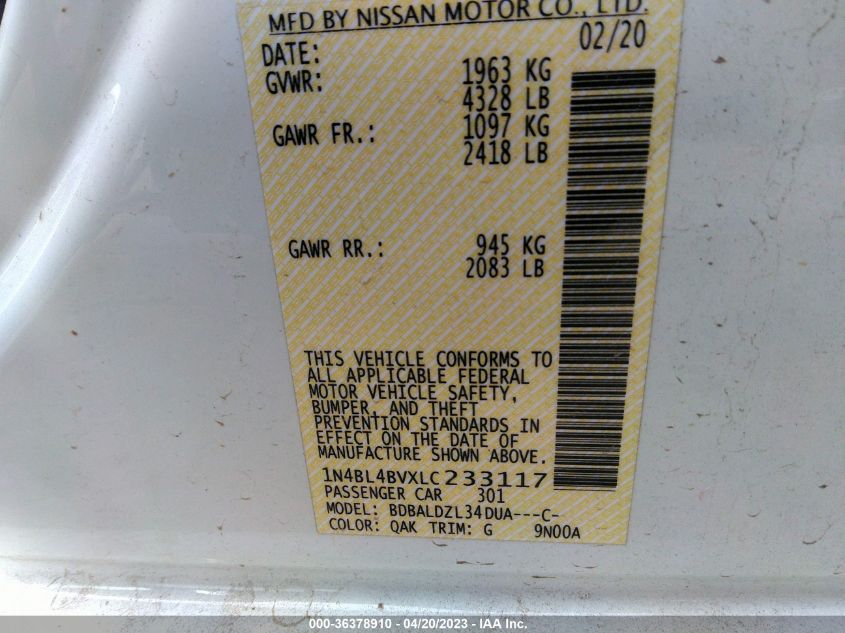 2020 NISSAN ALTIMA 2.5 S - 1N4BL4BVXLC233117